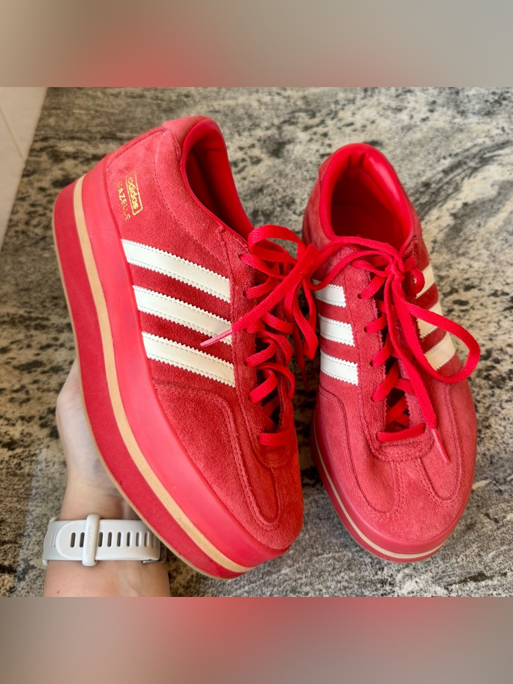 adidas Women’s Red Suede Platform Sneakers with White Stripes